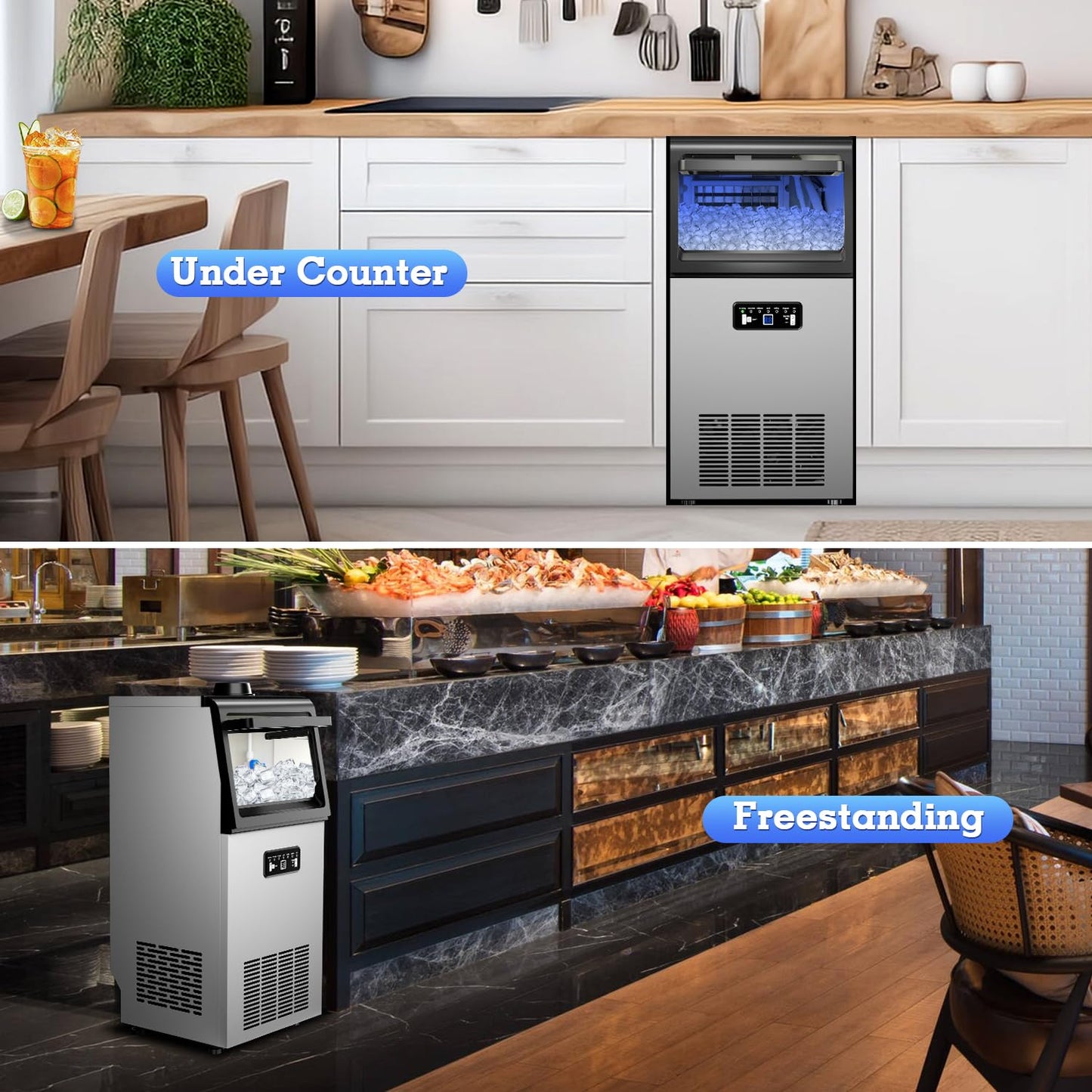 Bibrsa Commercial Ice Maker 120LBS/24H, Dual Water Inlet, Under Counter Ice Maker with 22LBS Storage Capacity, 45 Cubes, Stainless Steel Ice Machine, for School, Home, Restaurant, Bar, RV