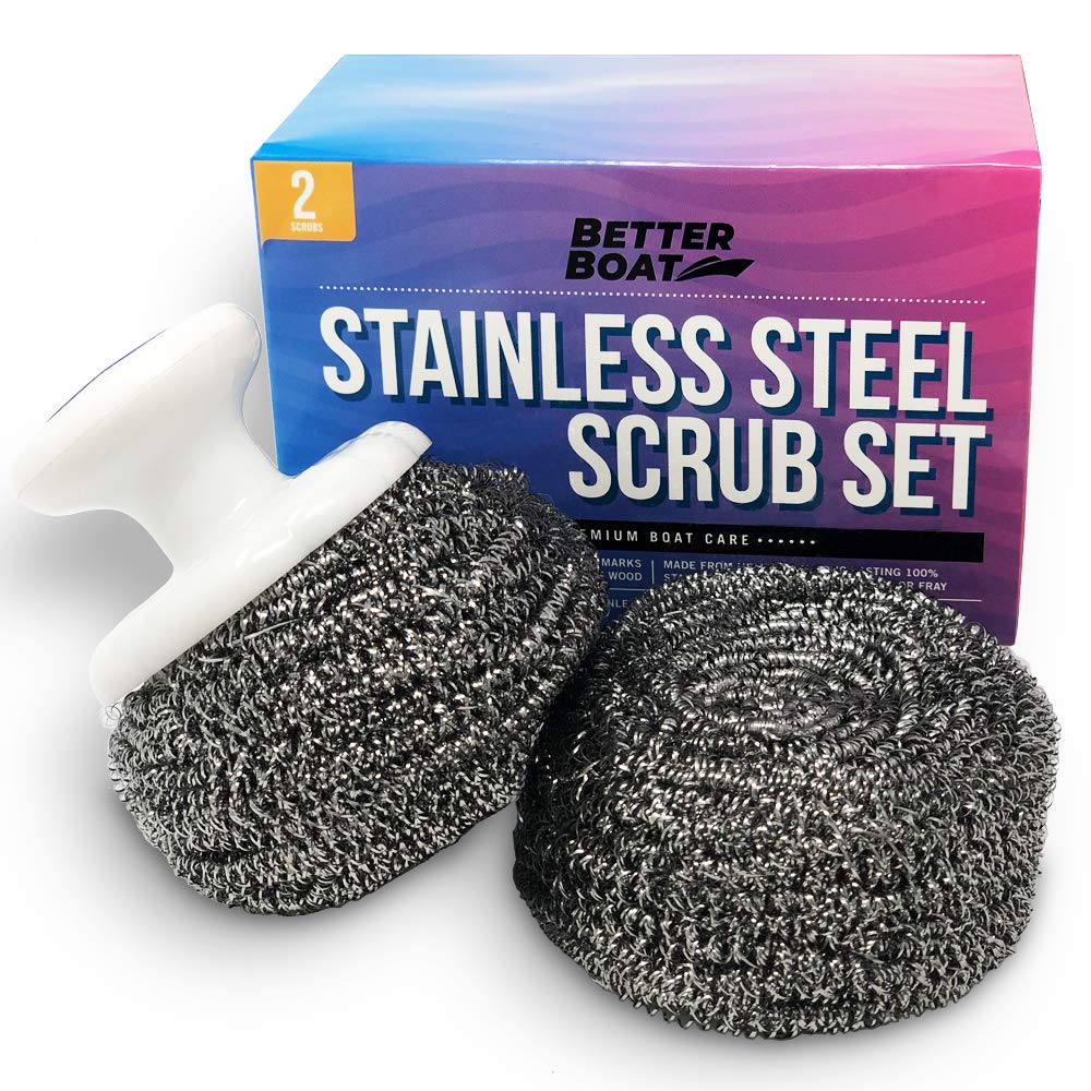 Stainless Steel Scrubber Set, Marine Grade Steel Wool Scouring Pads Scrub with Brush Handle, Heavy Duty Cleaning Supplies for Kitchen,Teak Wood, Outdoor Furniture, and Metal