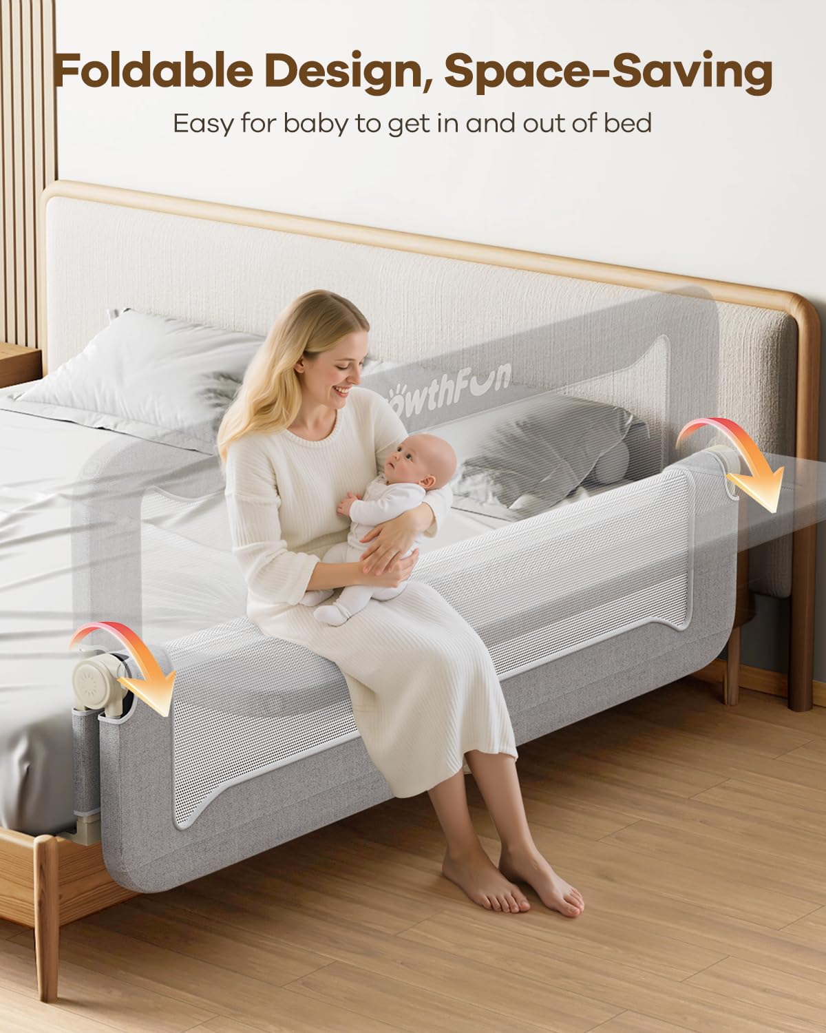 GrowthFun Foldable Bed Rail for Toddlers, 59in Reinforced Carbon Steel Frame&Connectors, Breathable Cationic Fabric, Safety Toddler Bed Rails for Queen, King, Twin, Full, No-Tool Setup.