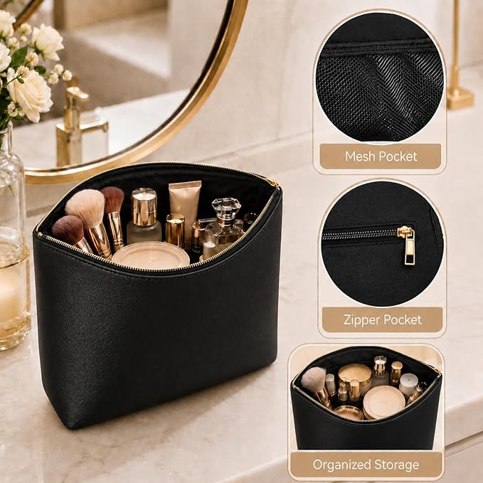3PCS PU Leather Makeup Bag, Large Travel Cosmetic Pouch, Cute Toiletry Organizer for Women, Black