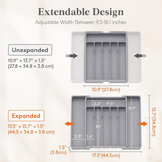 Lifewit Silverware Drawer Organizer, Expandable Utensil Tray for Kitchen, BPA Free Flatware and Cutlery Holder, Adjustable Plastic Storage for Spoons Forks Knives, 10.9"-17.5" x 13.7", Gray