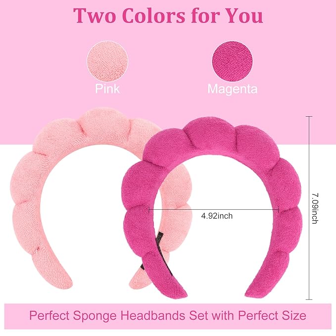 AMCAMI Puffy Spa Headband for Women Sponge Headbands for Girls 2 PCS Terry Towel Cloth Fabric Head Band for Skincare,Makeup Removal,Face Washing,Facial Mask,Shower,Hair Accessories（Red&Light Pink）