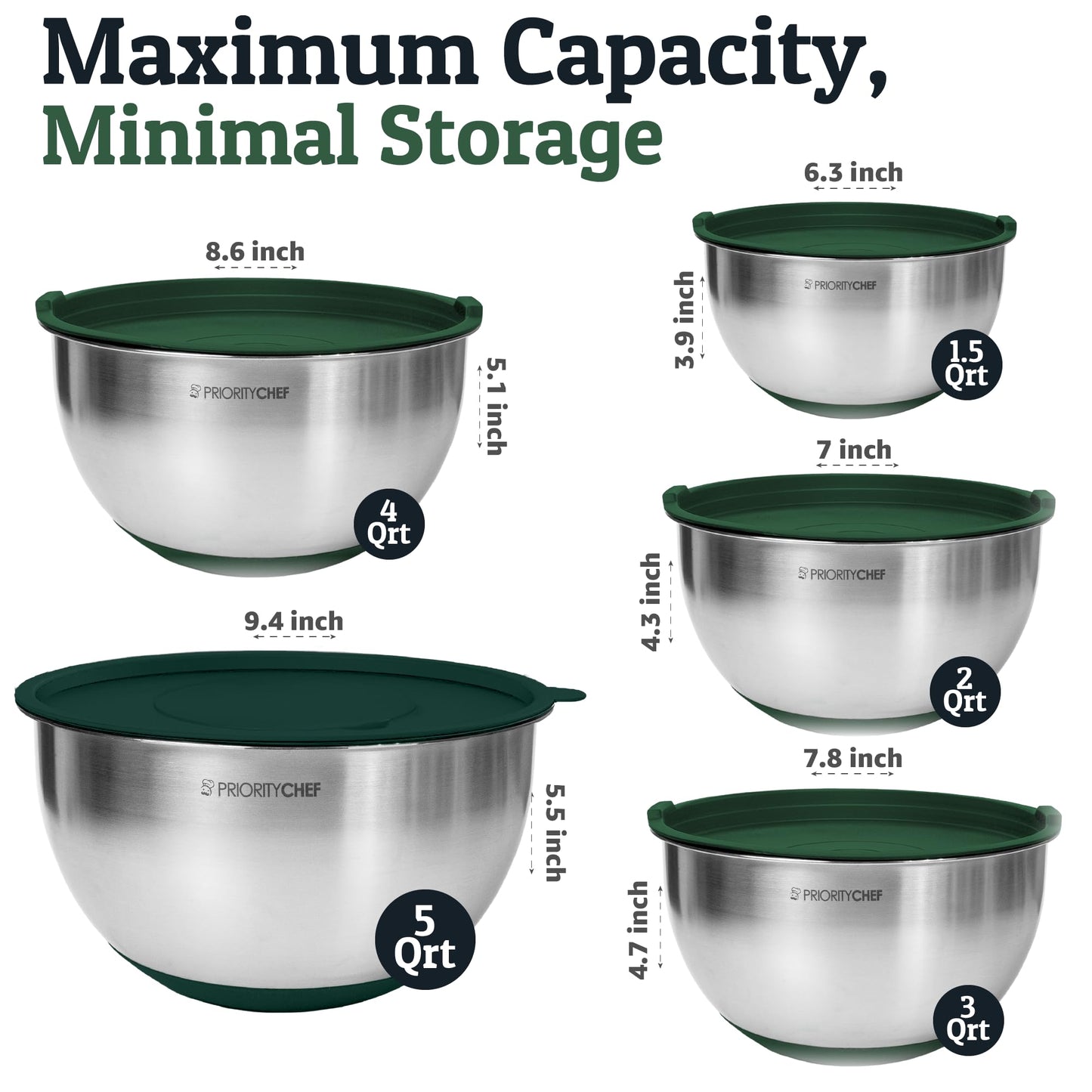 Priority Chef Stainless Steel Mixing Bowls with Lids Set, 3 Grater Attachments, Airtight Lids, Non-Slip Silicone Base Mixing Bowl Set, Large Prep Metal Mixing Bowls for Kitchen, Green