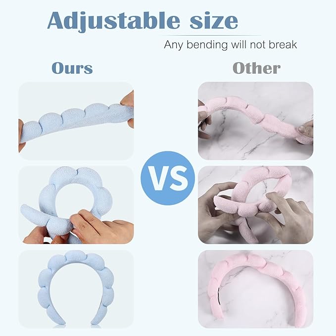 Headbands, Set of 2 - Terry Cloth Spa Headbands for Face Washing, Makeup Removal, or Facial Mask Usage, Dark Khaki + Blue