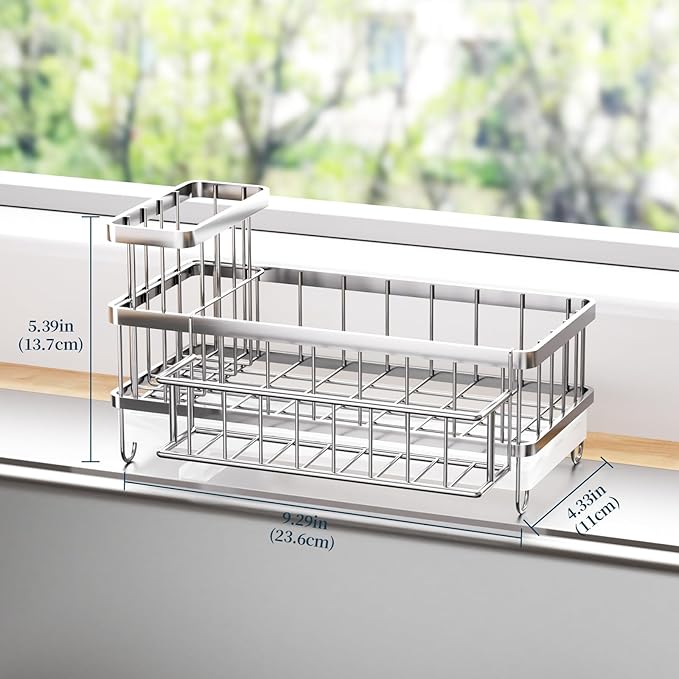Consuemst Sponge Holder for Kitchen Sink - Auto Draining Sink Caddy Organizer with Detachable Rack, High Brush Holder, Kitchen Countertop Storage Accessories, Silver