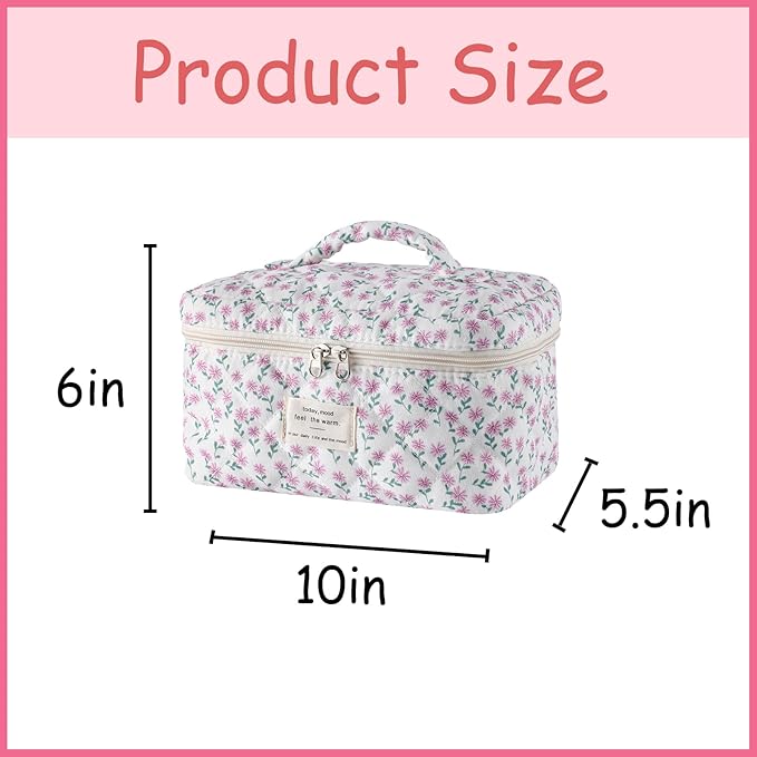 uekeboag Large Travel Quilted Makeup Bag for Women, Floral Cotton Cosmetic Bag, Coquette Aesthetic Floral Toiletry Organizer Bag