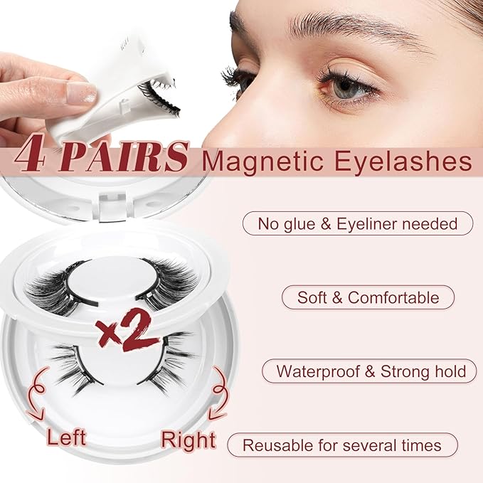 Higu clace Magnetic Eyelashes 4Pairs Magnetic Eyelashes with Applicator Soft Magnetic Lashes Natural Look Wispy Magnet Lashes Without Eyeliner Easy to Wear and Remove(DJCX-B06Ã¯Â¼Â
