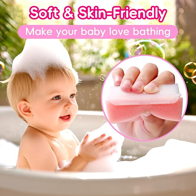 Cradle Cap Brush for Babies, Baby Bath Essentials with Silicone Scrubber Bath Sponge Dual-Sided Comb for Newborns Toddlers Boys Girls (Pink, Set of 5)