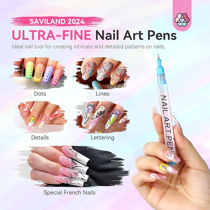 SAVILAND Nail Art Pens Set: 12 Colors 0.5MM 3D Nail Polish Pens Quick Drying Acrylic Paint Nail Art Markers Nail Point Graffiti Dotting Tools Drawing Painting Liner Nail Art Design Pens Home DIY