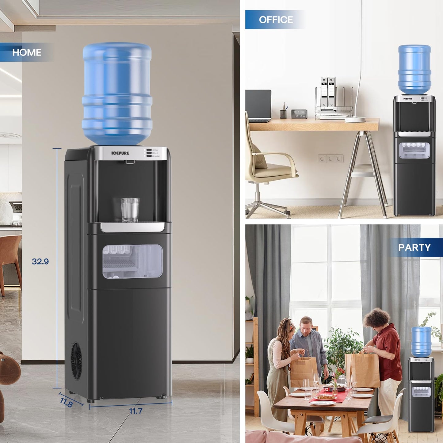 ICEPURE Water Cooler Dispenser with Build-in Ice Maker, Hot and Cold Water Dispenser with Bullet Ice Maker, 33lbs/24H, Child-Lock,Top Loading
