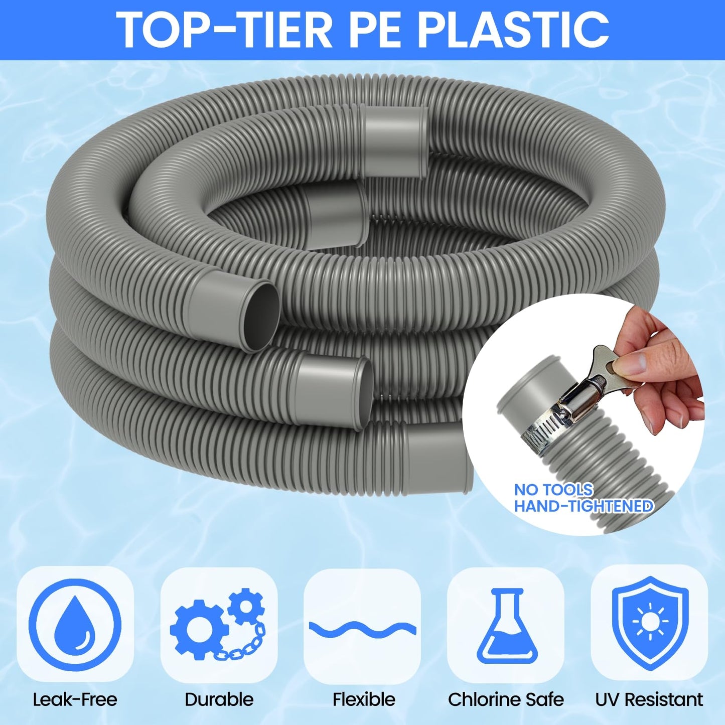 Poolvio 1.5" x 59" Above Ground Pool Hoses, 3-Pack, Gray- Heavy Duty UV Resistant Leak-Proof Replacement Hoses with 6 Metal Thumb Clamps, Perfectly Fits Intex Filter Pumps & Pool Surface Skimmers