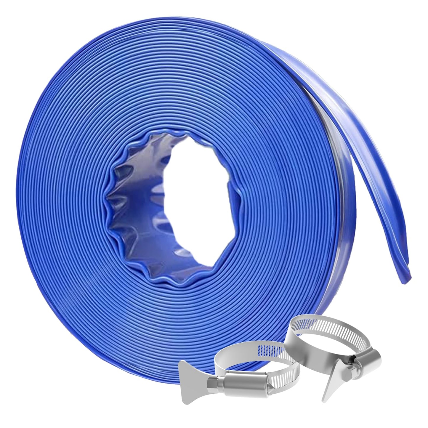 Poolvio Backwash Hose 1-1/2" x 50 ft, Blue Lay-Flat PVC Discharge Hose with 2 Stainless Steel Thumb Screw Clamps, Leak-Free for Swimming Pool Filter Cleaning, Flooded Area, Pond Draining