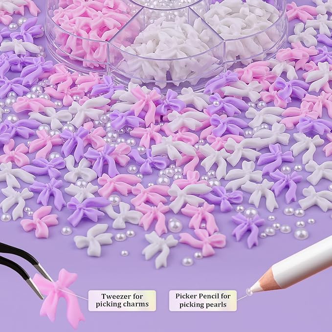 120 Pcs 3D Nail Bow Charms + 2-4mm Nail Pearls Set 9, Pink White Lilac Bow Nail Charms and White Flatback Pearls with Nail Charm Glue Gel(UV Needed) and Pickup Tools for Nail Art Decoration