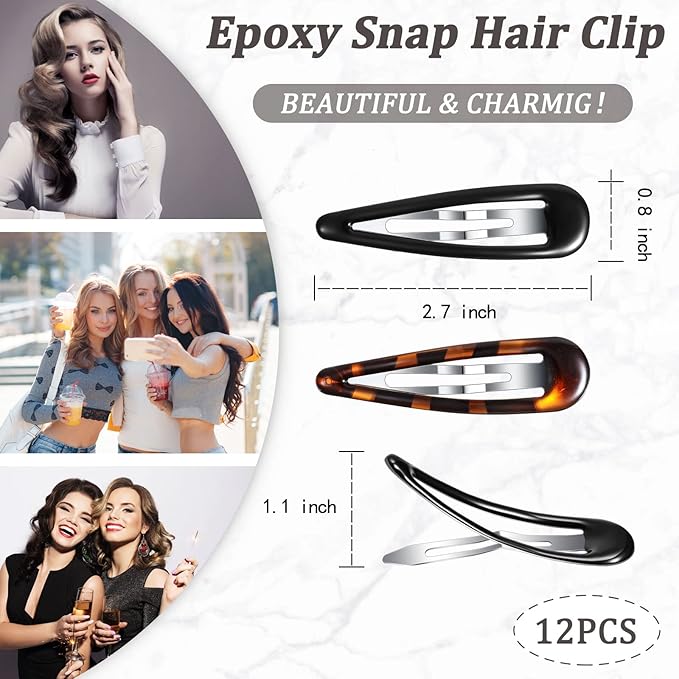 Waydress 12 Pcs Hair Clip Barrettes for Women Oval Snap Tortoise Metal Snap Clips Thin Hair Grips Ellipse Clips Non Slip Barrettes Accessories, 2.8 In(Classic Style)