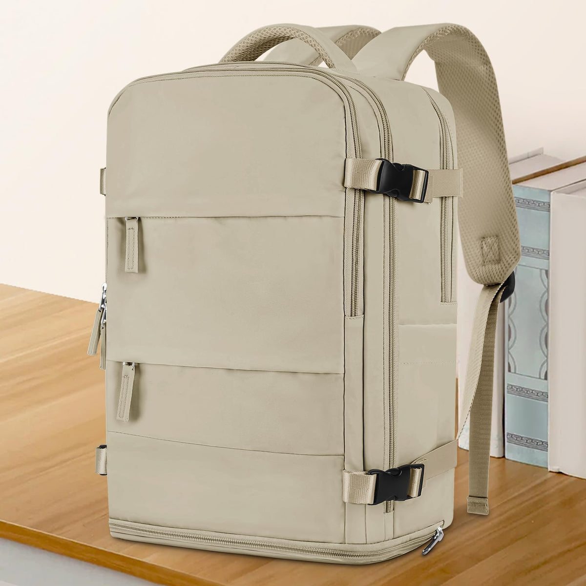 coowoz Large Travel Backpack For Women Men,Carry On Backpack Flight Approved,Hiking Backpack Waterproof Outdoor Rucksack Casual Daypack Fit 15.6 Inch Laptop Shoes Compartment (Khaki-L)