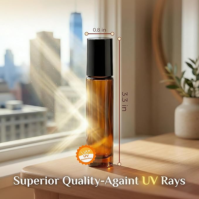 PrettyCare 4 Pack 10 ml Amber Glass Roller Bottles for Essential Oil with Stainless Steel Roller Ball - Refillable Leak-proof Empty Roll on Bottles with Black Caps for Travel, Perfume,Lab