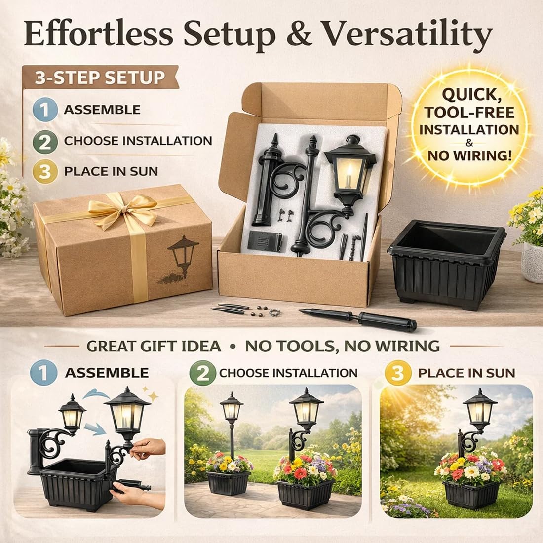keckaky 2-in-1 Solar Post Light with Planter for Real Or Fake Flowers, 2026 New Solar Lamp Post - Wall Mount Or Freestanding, 3000K Solar Lamps Outdoor Waterproof, for Lawn, Patio, Front/Back Door