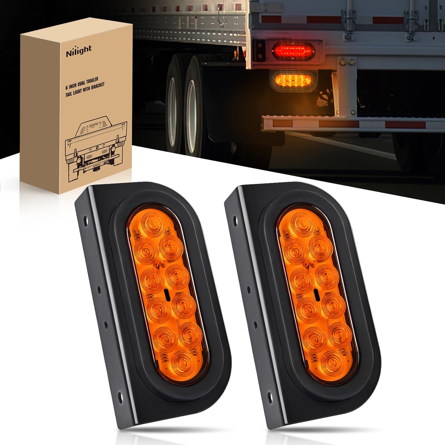 Nilight 6Inch Oval Trailer Tail Light with Flush Mount Grommets Plugs w/Mounting Brackets 2PCS Amber Waterproof Turn Signals Lights for RV Truck
