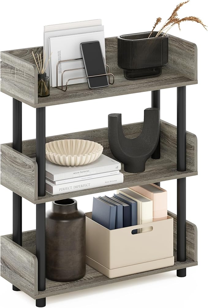 Furinno TURN-N-TUBE Display Shelf, 3-Tier Storage Shelves with Side Panels, Open Shelves Book Shelf with Rounded Corner Top Edges, for Organization and Storage, Living Room, Home Office, French Oak