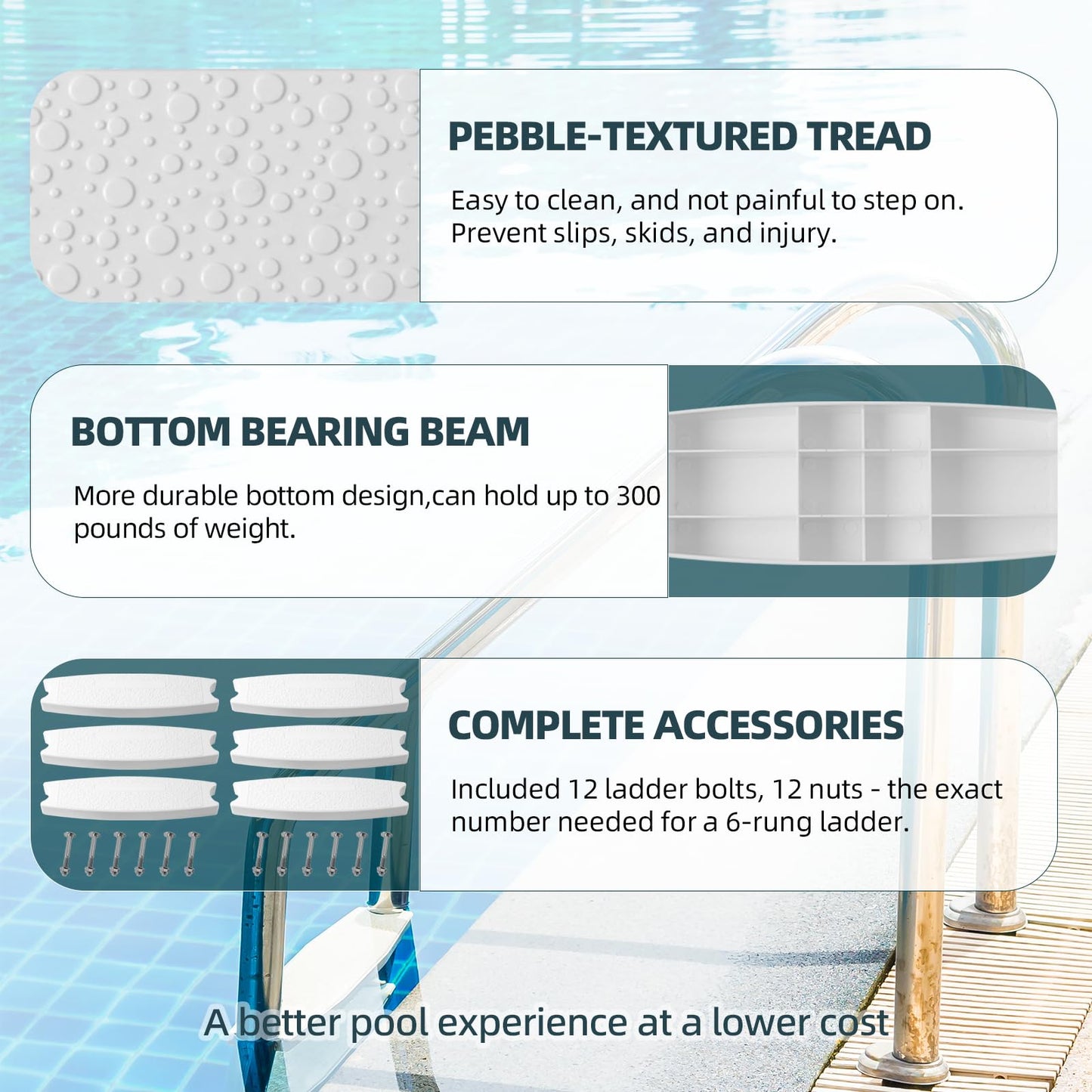 TonGass (6-Pack, White) 18" Universal Swimming Pool Ladder Rung Step Replacement with Stainless Steel Bolts Compatible with Inground Above Ground Pool Heavy-Duty Molded Plastic Ladder Step Parts