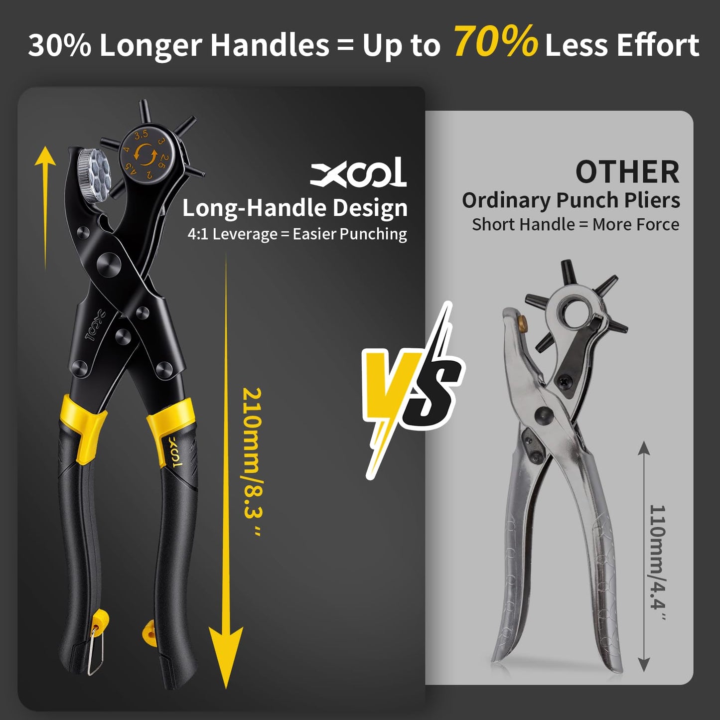 XOOL Upgraded Long Handle Leather Hole Punch Set, Punch Pliers with Effort-Saving Design, Ideal for Belts, Shoes, Saddles & DIY Leather Work