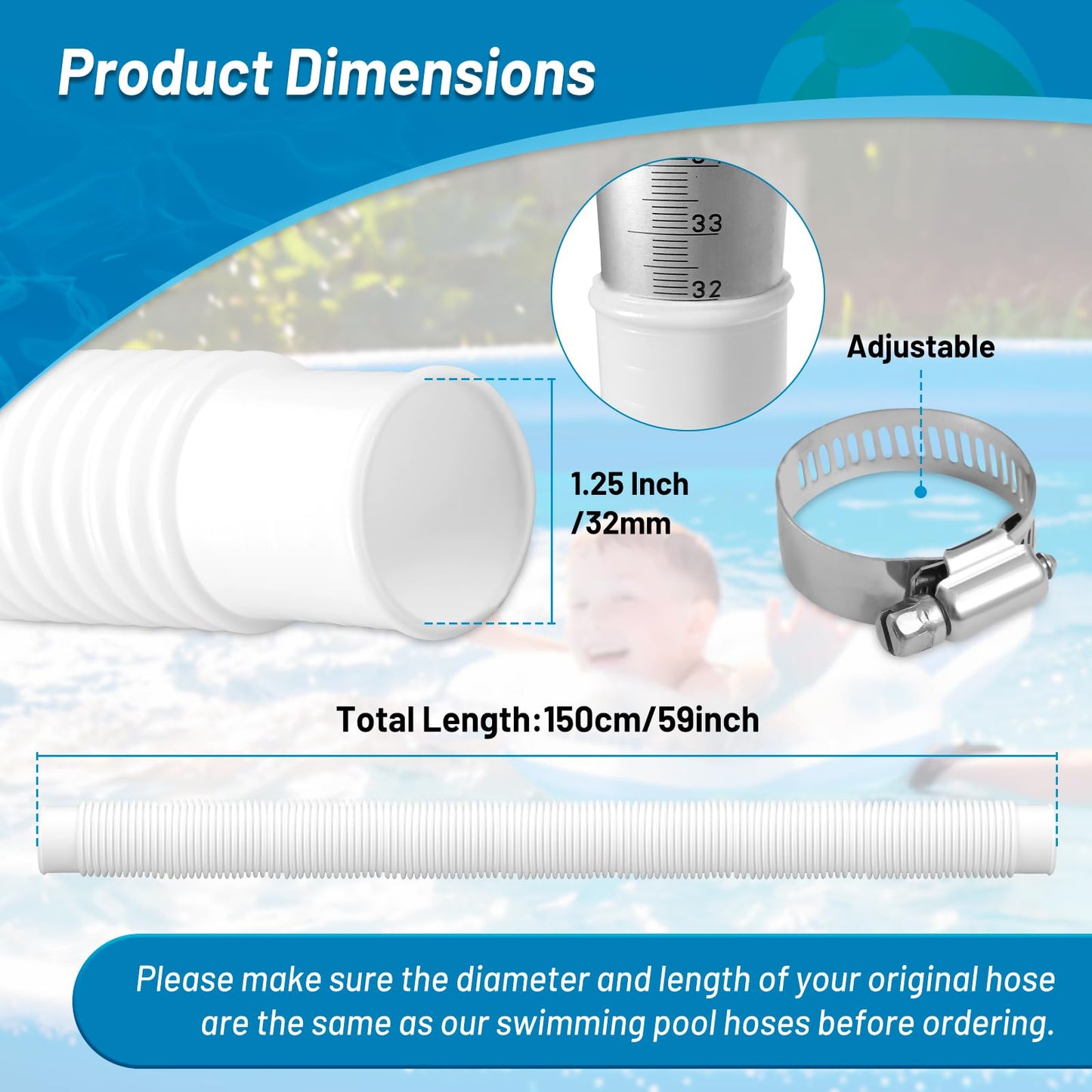 IDEASURE 1.25" x 59" Pool Hoses for Above Ground Pools - Pool Pump Replacement Hose Compatible with In tex Pump Model #607/#637, 2 Pack with 4 Hose Clamps