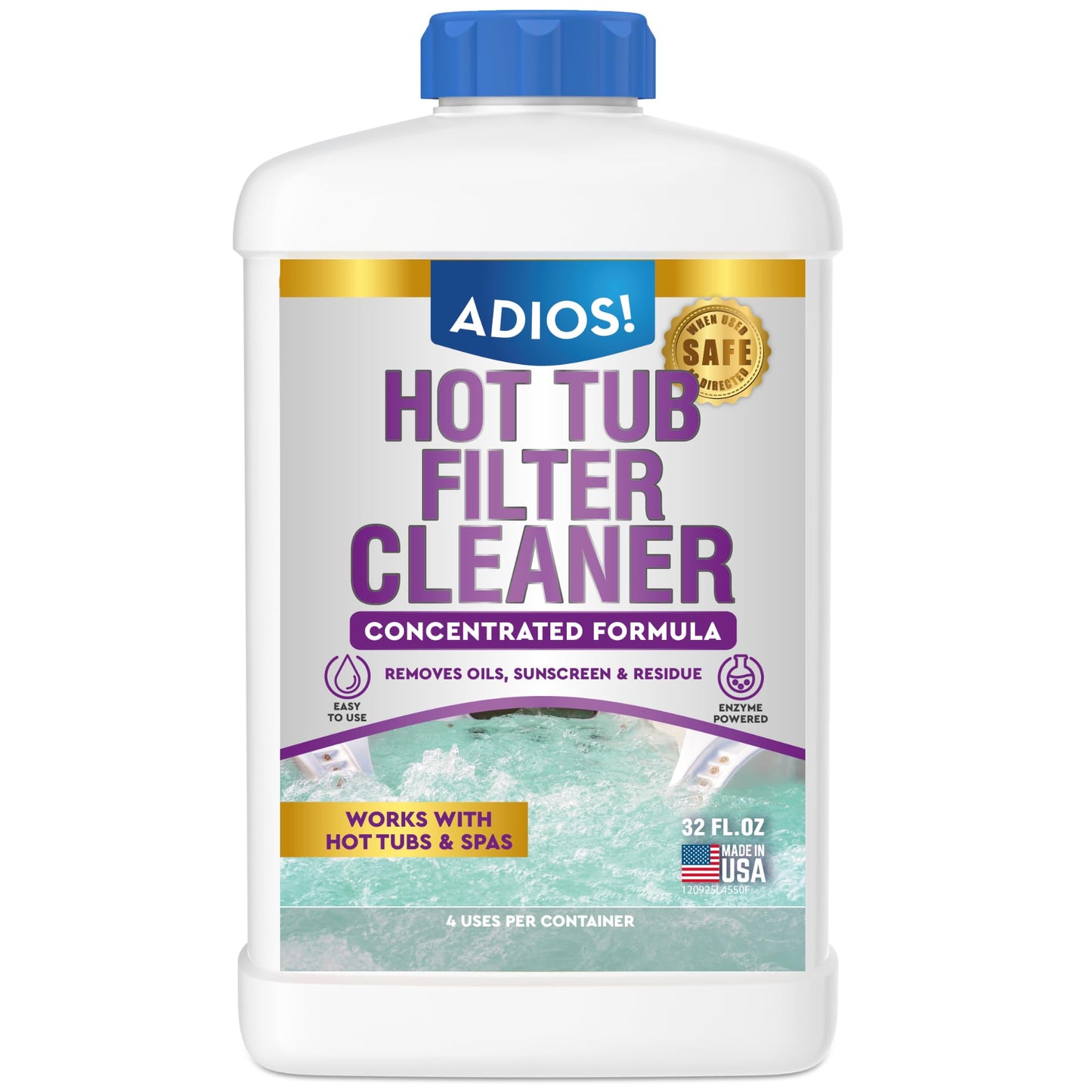 Adios! Hot Tub 4X Filter Cleaner for Spas – Deep Cleaning Soaking Solution Dissolves Grease and Grime, Unclogging and Restoring Water Flow (32oz)