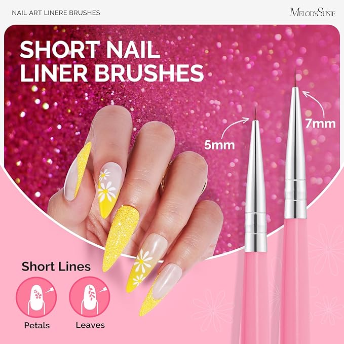 MelodySusie Nail Art Liner Brushes 5Pcs Professional Gel Polish Painting Art Design Pen Set for Thin Long Lines, Tiny Details, Fine Drawing, Delicate Coloring Sizes 5/7/9/11/20mm