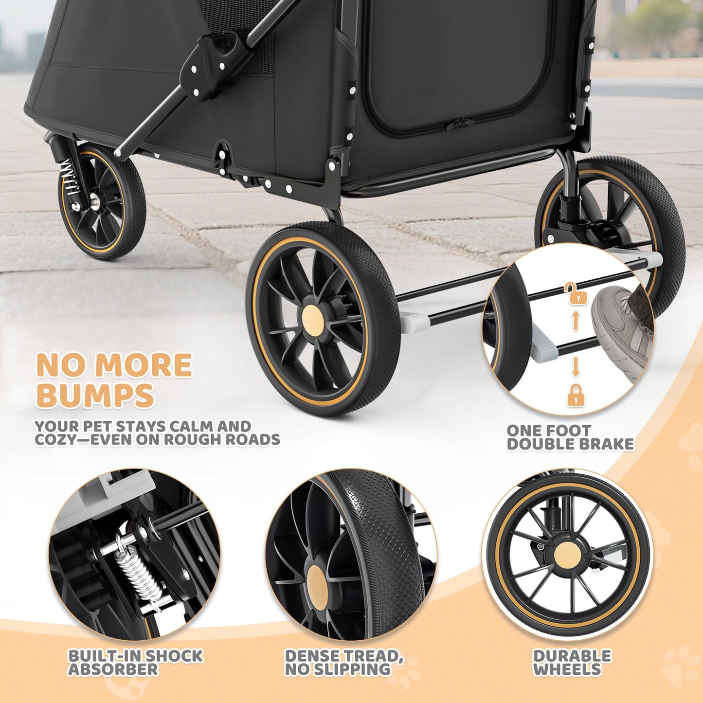 Magshion Pet Stroller for Medium Dogs w/Adjustable Handle, 3-Wheel Dog Cat Wagon w/Dual Entry, Rear Storage, Breathable Mesh, One-Foot Brake, Ideal for Large Pets up to 55 lbs, Black