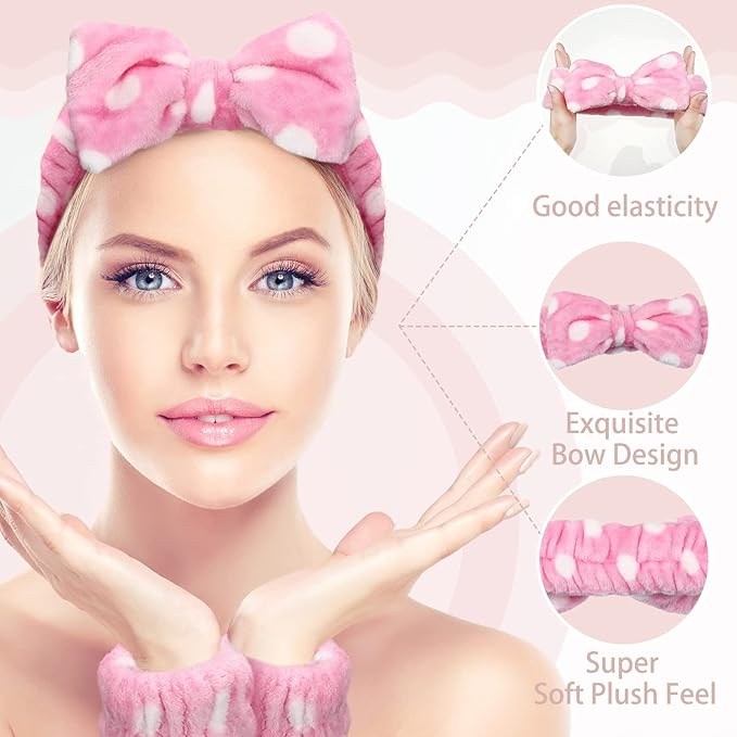 Janmini 36 Pcs Spa Headband and Wristbands Set for Washing Face Facial Spa Hair Wraps Makeup Skincare Bath Winter Gifts 12 Pcs Flannel Hairbands 24 Wristbands for Women Girls(Dot Stripe Leopard)