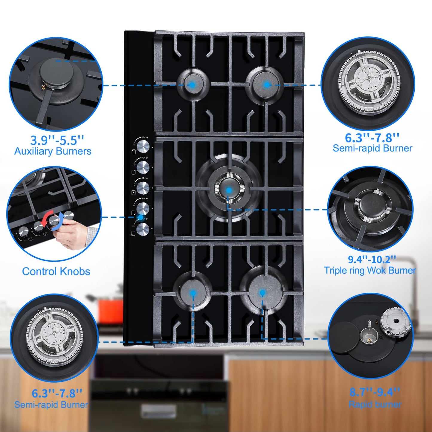 Davivy 34 inch Gas Cooktop 5 Burners,Gas Stove Top,Built in All Black Tempered Glass Surface Cooktop - NG/LPG Convertible,Dual Fuel,Thermocouple Protection,CSA Certified,36004 BTU