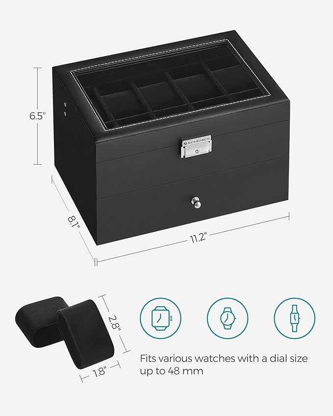 SONGMICS Watch Box, 20-Slot Watch Case Organizer with Large Glass Lid, Removable Pillows, Metal Lock, Gift for Loved Ones, Black Synthetic Leather, Black Lining UJWB020B01