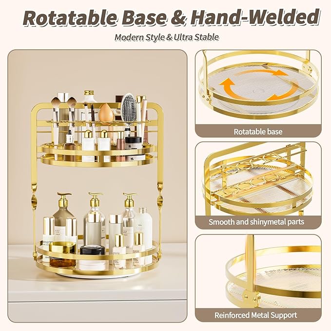 360ÃÂ° Rotating Makeup Organizer, 2-Tier Gold Perfume Organizer for Dresser, Bathroom Organizers Countertop, Perfume Shelf with Makeup Brush Holder, Skincare Holder Cosmetic Display(Gold)