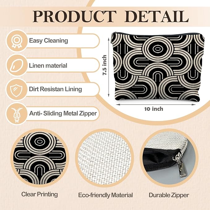 Abstract Beige and Black Makeup Bag, Modern Minimalist Art Deco Cosmetic Bags for Women, Mid Century Modern Zipper Makeup Pouch