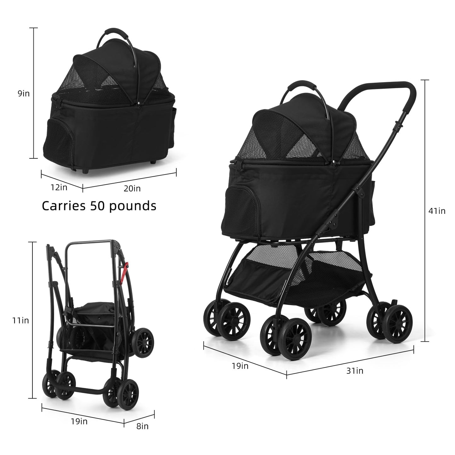 COOLCRAB Pet Stroller Quickly Folds for Easy Storage Cat Stroller with Detachable Carrier Thickened Oxford Cloth Breathable Basket Dog Strollers for Small Dogs (Grey)