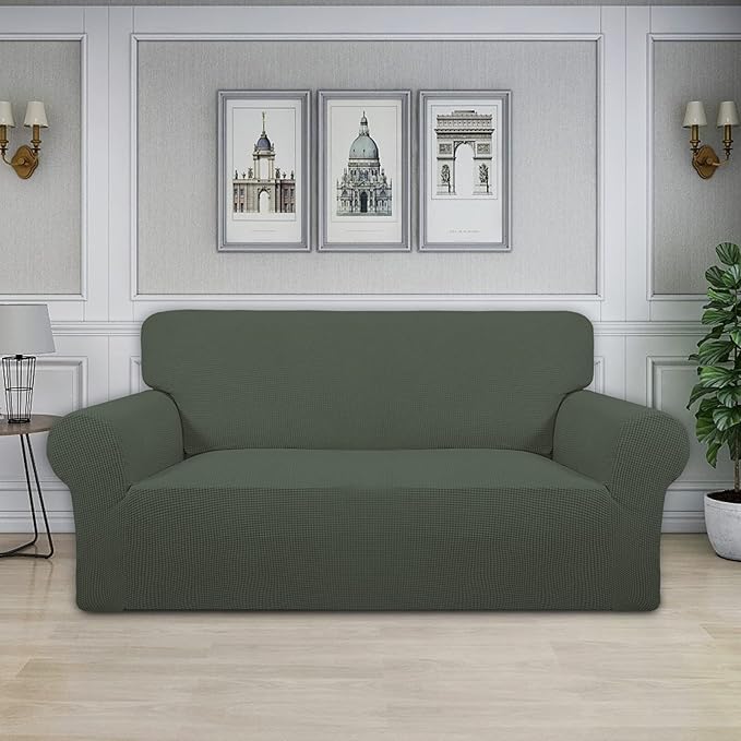 Easy-Going Stretch Oversized Loveseat Slipcover 1-Piece Sofa Cover Furniture Protector Couch Soft with Elastic Bottom for Kids Polyester Spandex Jacquard Fabric Small Checks Olive Green