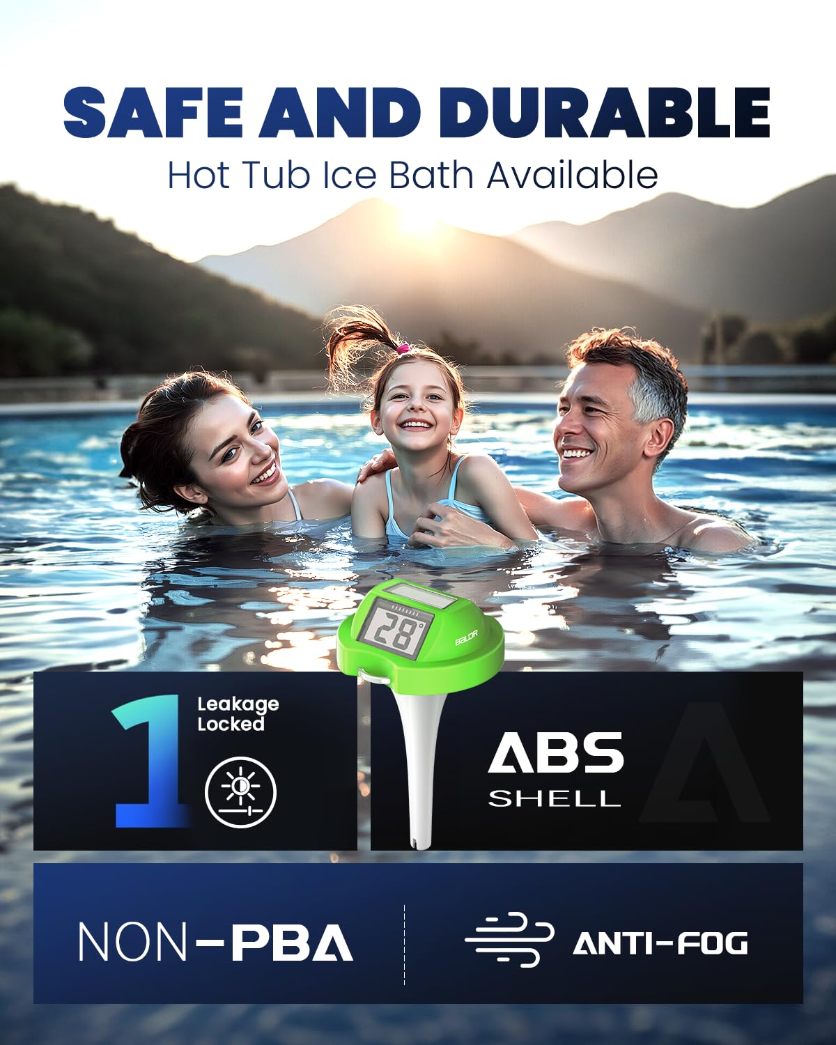BALDR Pool Thermometer Floating Easy Read, Solar Digital Pool Thermometer with Dual Large Screens, IPX7 Water Temperature Gauge for Inground Above Ground Pools & Spas (Green)