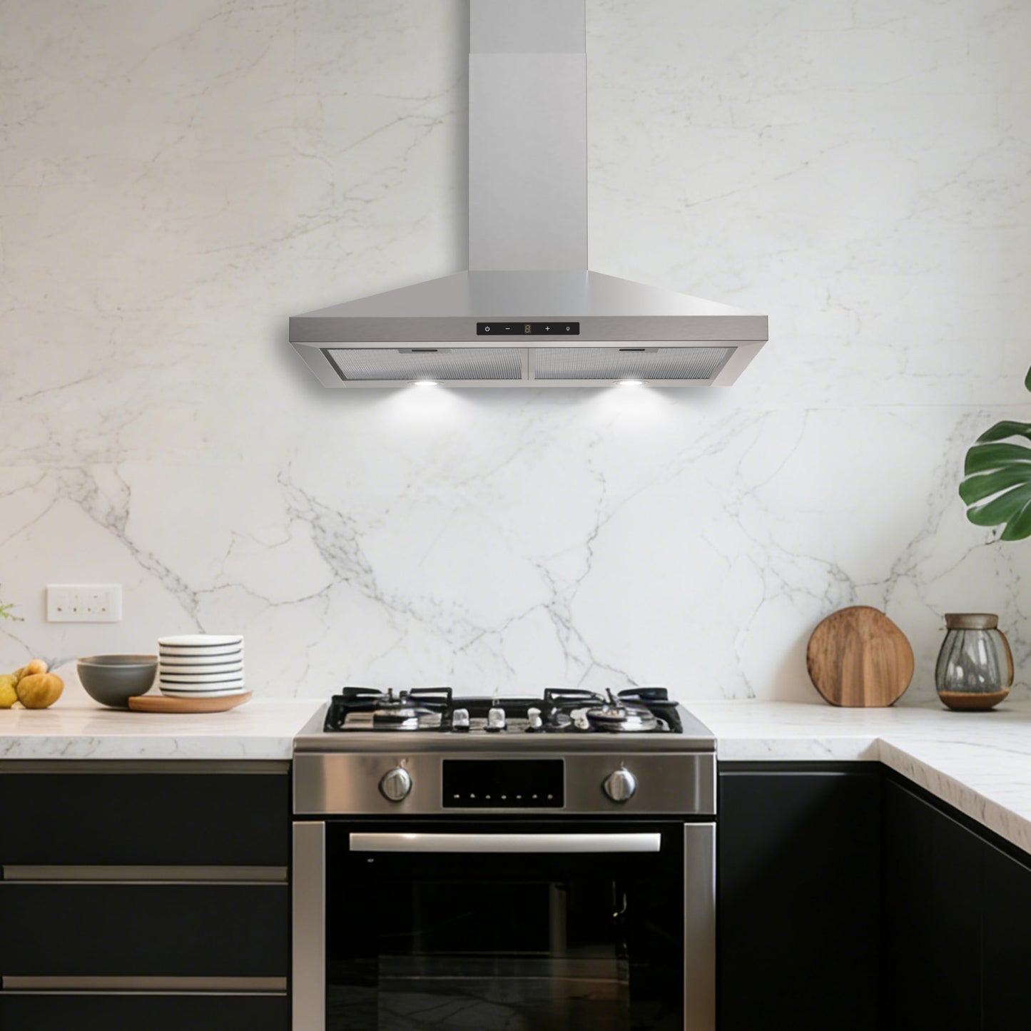 30 inch Wall Mount Range Hood, Touch Control LED Lights, 460 CFM Quiet Kitchen Stainless Steel Vent Hood with 3 Speed Exhaust Fan Ducted/Ductless Convertible, Dishwasher-Safe Baffle Filters