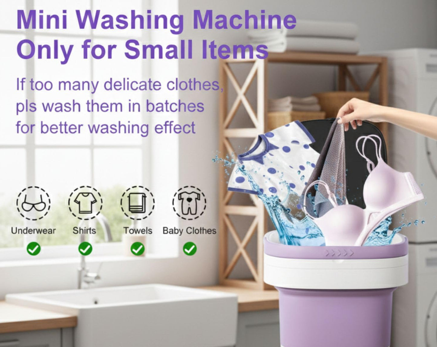 Portable Electric Foldable Mini Washing Machine 16L – Touch Digital Control for Baby Clothes, Underwear, Camping, RV – Spin Function – Purple