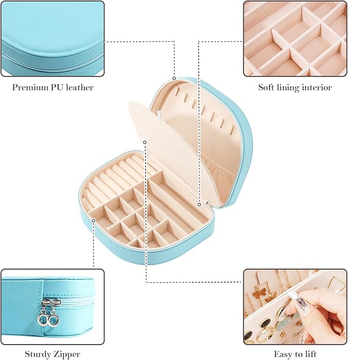 ProCase Travel Size Jewelry Box, Large Portable Seashell-Shaped Jewelry Case, 2 Layer Jewelry Organizer in PU Leather for Women -Blue