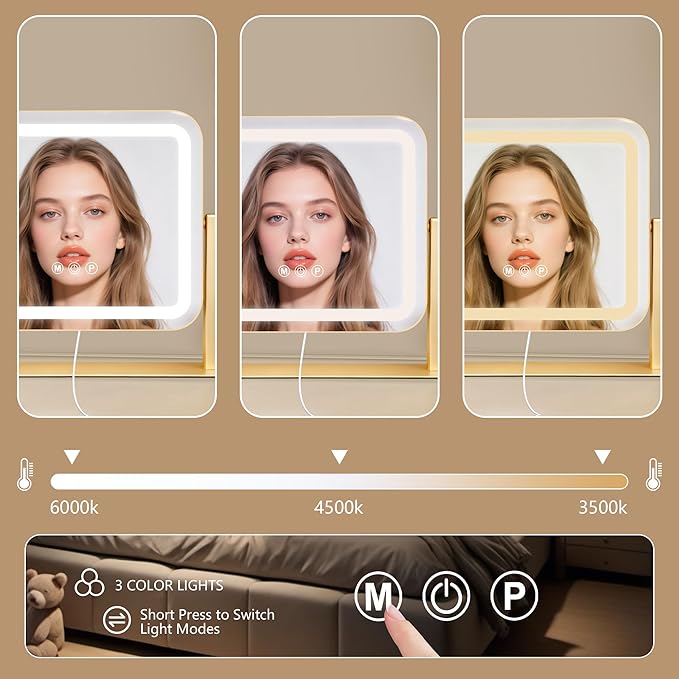 Gold Vanity Mirror with Lights 14"×12", Led Makeup Mirror, Lighted Makeup Mirror with 3 Color Dimmable Lights, Smart Touch Screen Control, 360°Rotation