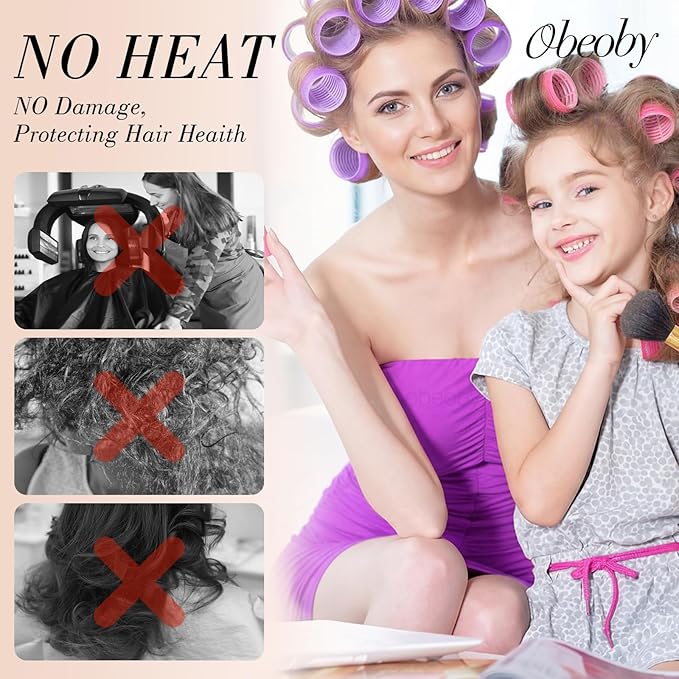 Obeoby 4 Sizes Hair Rollers for Women, 50 Pcs Set Hair Curlers with Clips Comb Curlers for Long Short Curly Hair and Bangs (25, 36, 48, 60mm), Pink Purple
