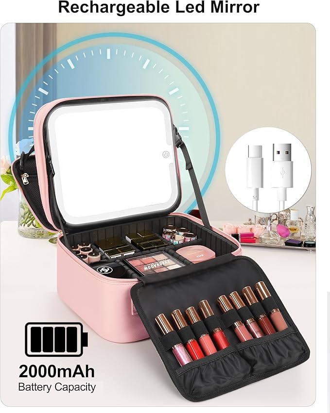 Relavel Makeup Bag with LED Mirror, Small Travel Makeup Case with Rechargeable Lighted Mirror 3 Color Lights, Double Layer Cosmetic Box Makeup Brush Lipstick Holder Organizer for Women, Pink