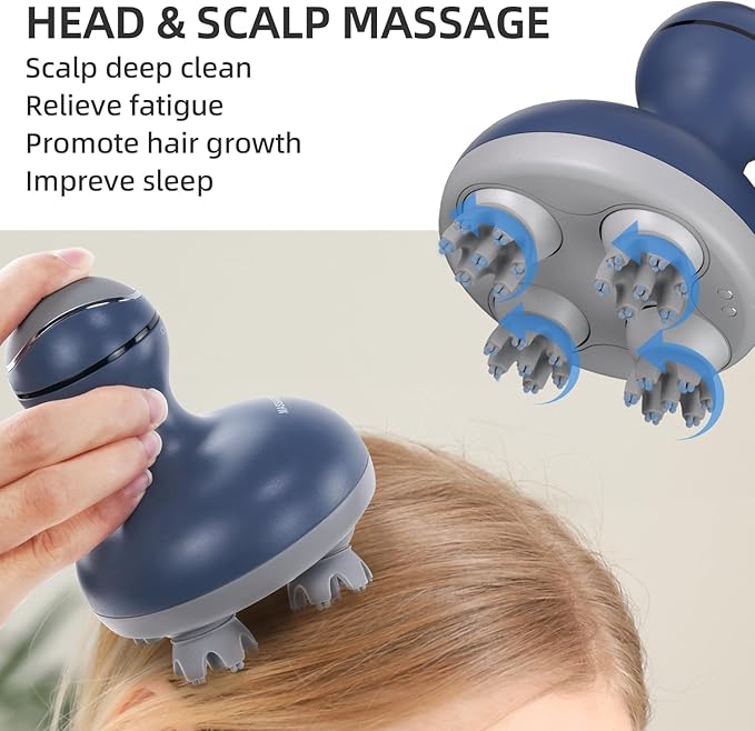 cotsoco Electric Scalp Head & Back Massager, Cordless Hair Massage Waterproof Head Massager with 4 Heads 84 Nodes for Hair Growth, Stress Relief & Deep Clean, Gifts for Men Women, Blue