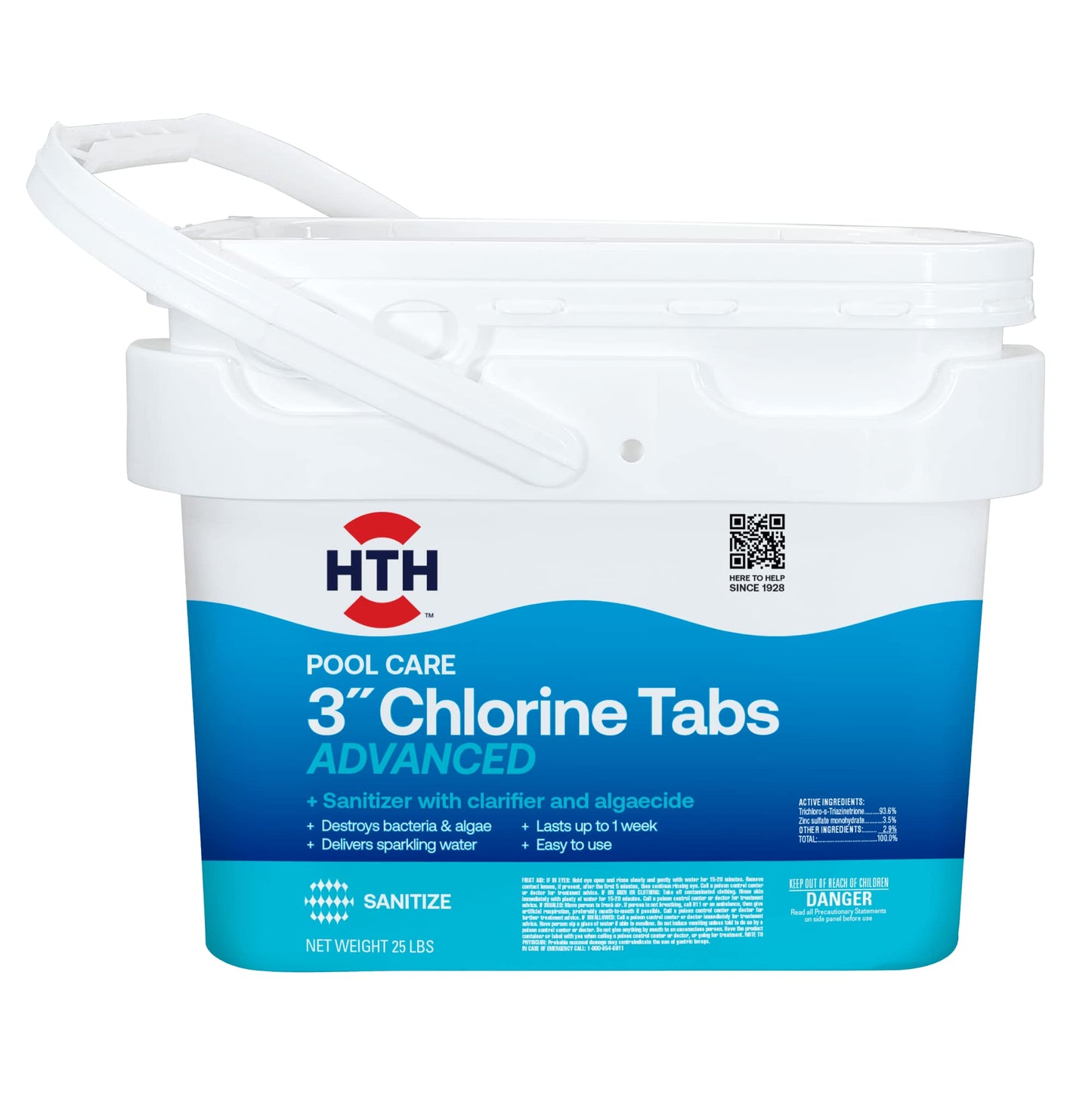 HTH 42055 Pool Care 3" Chlorine Tabs Advanced, Swimming Pool Sanitizer with Clarifier & Algaecide - Destroys Bacteria & Algae, Delivers Crystal Clear Water All Season, Slow Dissolving, 25 lbs