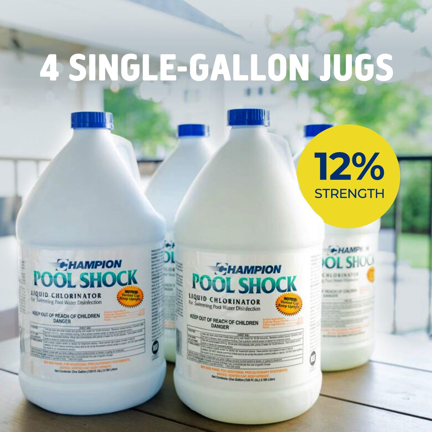 CPDI Champion 4-Pack Pool Shock Liquid Chlorine, 12.5 Sodium Hypochlorite, 1 Gallon – Ready-to-Use Treatment for Clear Water and Algae Control in Above Ground & Inground Swimming Pools