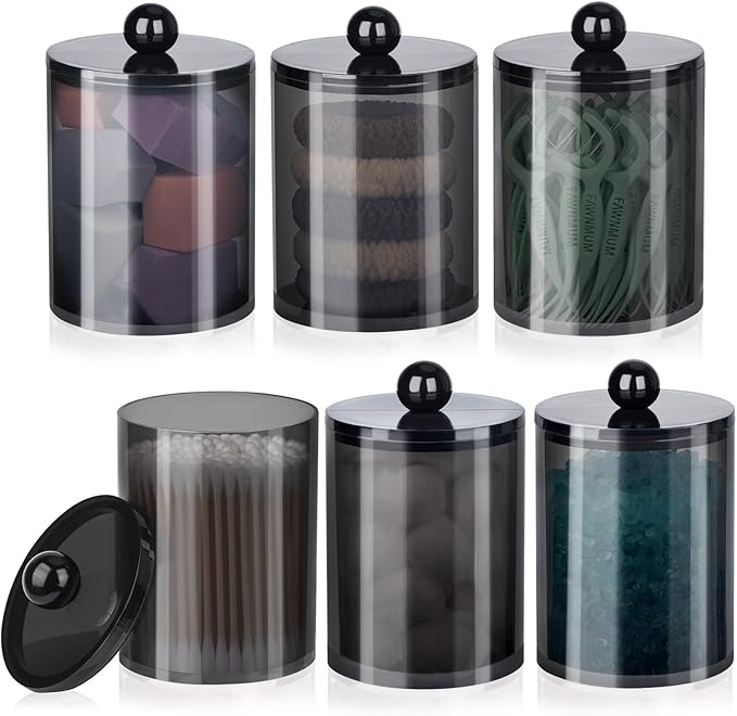 XIPENGKEJI 6 Pack Qtip Holder,Canister Apothecary Jar Set, Bathroom Jars with Lids Set for Cotton Swabs, Balls, Pads, Floss Picks,10oz-12oz Plastic Canisters Restroom Bedroom Vanity Organizer(Black)