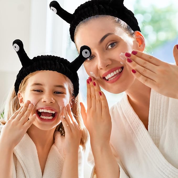 SuPoo Black Snail Face Wash Headband - Funny Skincare Spa Headband with Cute Alien Puffy Antenna Eyes for Women, Stretchy Hair Wrap Makeup Accessory