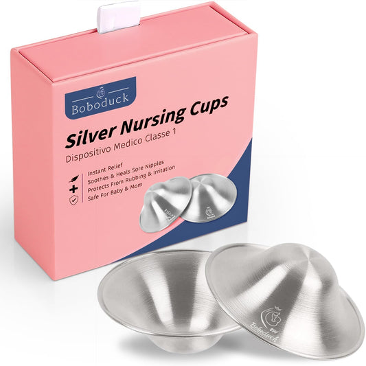 Boboduck The Original Silver Nursing Cups - Nipple Shields for Nursing Newborn, Newborn Breastfeeding Must Haves for Soothe and Protect Your Nursing Nipples - Trilaminate 999 Silver (X-L Size)