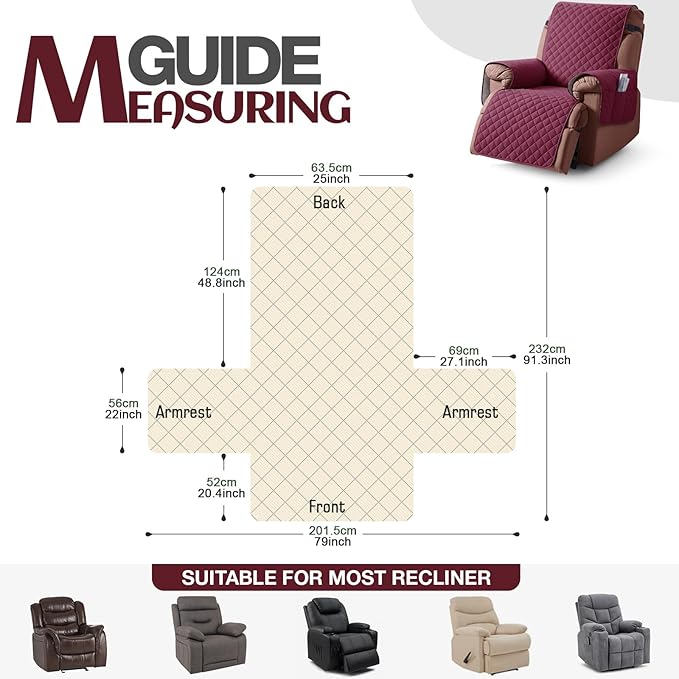 KinCam 100% Waterproof Recliner Chair Cover, Reclining Couch Covers for Pets, Dogs, Recliner Couch Slipcover Furniture Protector with Elastic Straps for Kids(25", Burgundy)